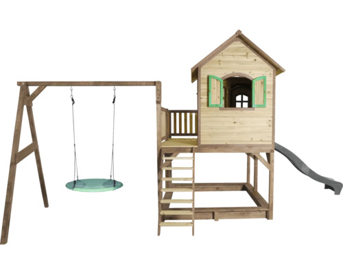 Aire de jeux avec balançoire, cabane, échelle et toboggan en bois