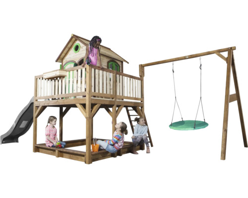 Tour de jeux en bois avec toboggan, balançoire et bac à sable