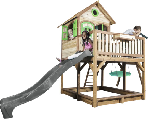 Maisonnette pour enfants avec toboggan, balançoire et bac à sable