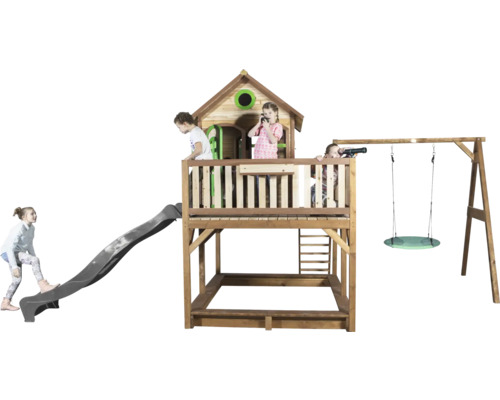 Tour de jeu en bois avec toboggan, balançoire et bac à sable