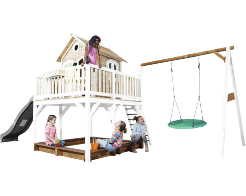 Aire de jeux avec cabane, toboggan, bac à sable et balançoire