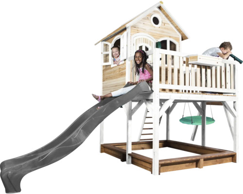 Maison de jeux en bois avec toboggan, balançoire et bac à sable pour enfants