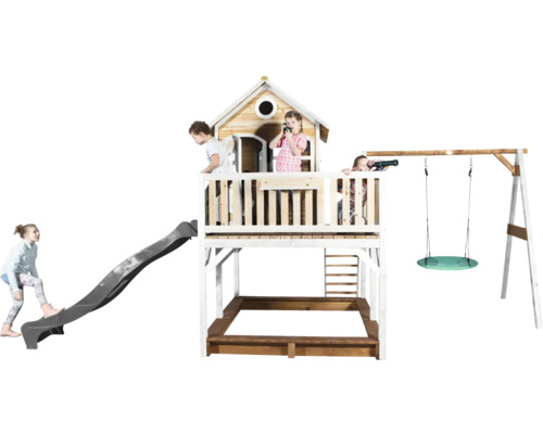 Tour de jeux avec toboggan, balançoire et bac à sable pour enfants dans le jardin