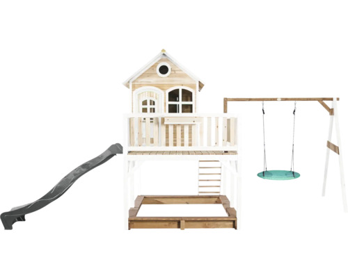 Maisonnette avec toboggan, bac à sable et balançoire pour l''extérieur