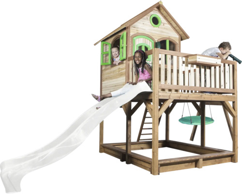 Spielhaus aus Holz mit Rutsche, Schaukel und Sandkasten für den Garten