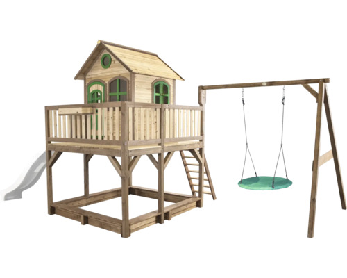 Spielhaus mit Stelzen axi Liam 613 x 277 cm Holz braun inkl. Grüne Schaukel weiß