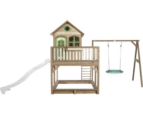 Holzspielturm mit Rutsche, Sandkasten und Schaukel