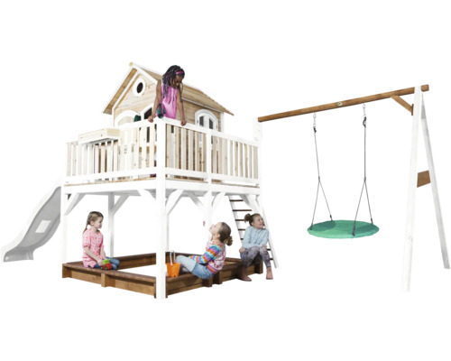 Aire de jeux avec cabane, toboggan, bac à sable et balançoire pour enfants