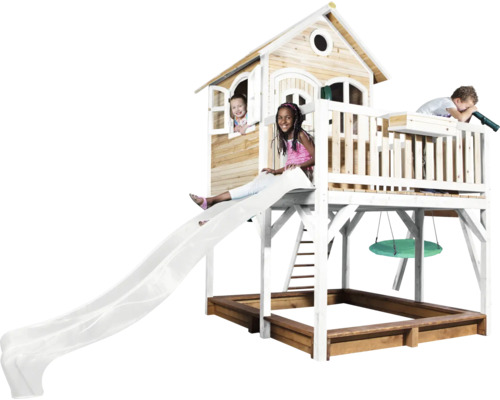 Maisonnette avec toboggan, balançoire et bac à sable pour enfants