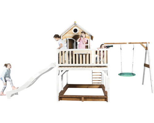 Aire de jeux avec balançoire, toboggan et bac à sable pour enfants