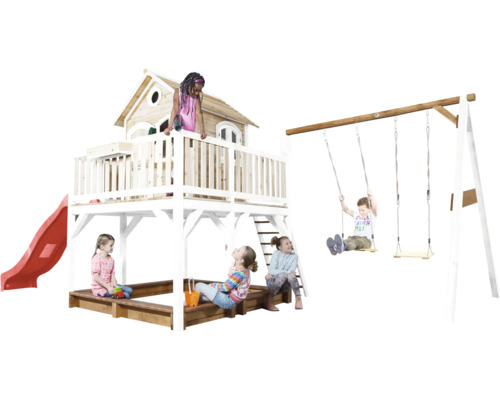 Aire de jeux avec cabane, toboggan, bac à sable et balançoire pour enfants