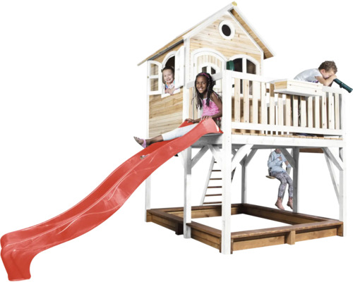 Maisonnette avec toboggan, balançoire et bac à sable