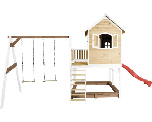 Maisonnette en bois avec balançoire, toboggan et bac à sable