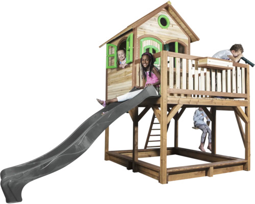 Maisonnette avec toboggan, échelle, bac à sable et enfants