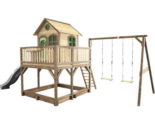 Spielhaus mit Stelzen axi Liam 613 x 277 cm Holz braun inkl. Schaukel, Rutsche grau Spielhaus mit Stelzen axi Liam 613 x 277 cm Holz braun inkl. Schaukel, Rutsche grau