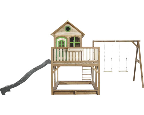 Tour de jeu en bois avec toboggan et balançoire