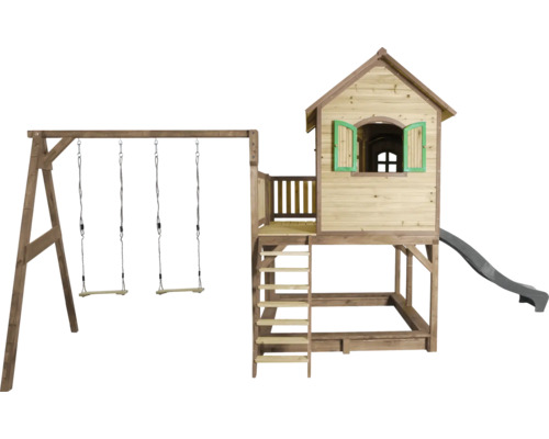 Aire de jeux avec balançoire, cabane, échelle et toboggan en bois