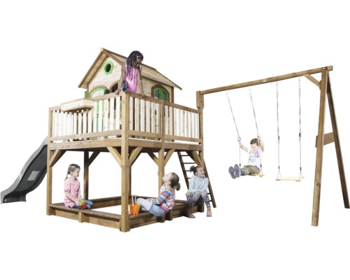 Aire de jeux avec cabane dans les arbres, toboggan et balançoire pour enfants