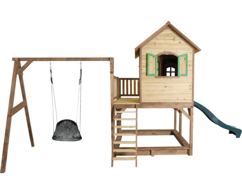 Tour de jeux avec balançoire, toboggan et bac à sable en bois