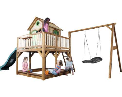 Aire de jeux pour enfants avec cabane, toboggan, bac à sable et balançoire