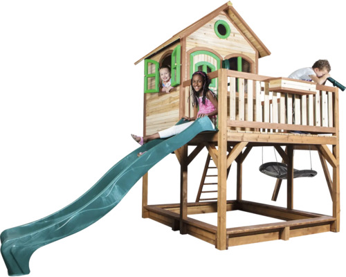 Maisonnette en bois avec toboggan, balançoire et bac à sable pour enfants