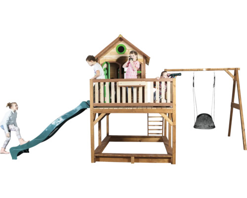 Aire de jeux avec cabane, toboggan et balançoire pour enfants