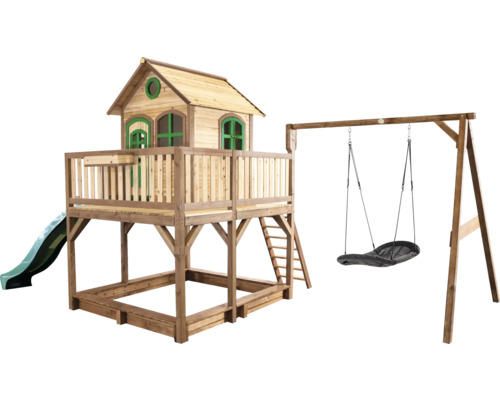 Cabane de jeux sur pilotis axi Liam 613 x 277 cm bois marron avec balançoire vert Cabane de jeux sur pilotis axi Liam 613 x 277 cm bois marron avec balançoire vert