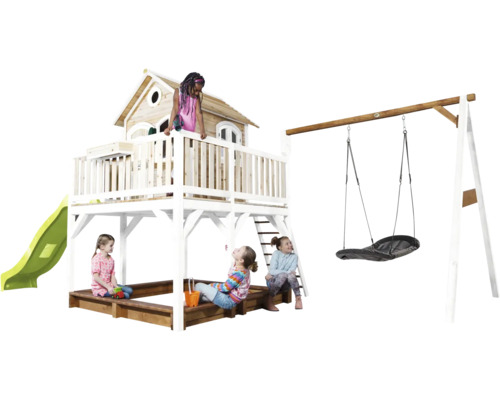 Aire de jeux avec cabane, toboggan, bac à sable et balançoire pour enfants