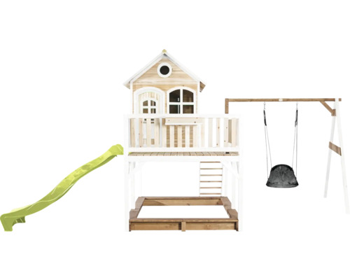 Maisonnette en bois avec toboggan, balançoire et bac à sable