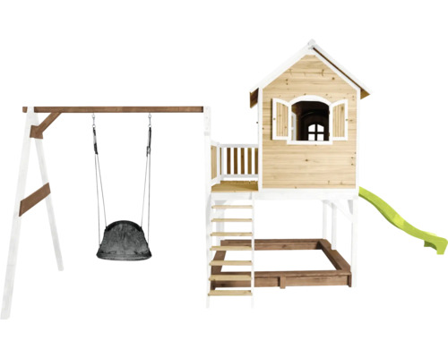 Aire de jeux avec balançoire, cabane, toboggan et bac à sable