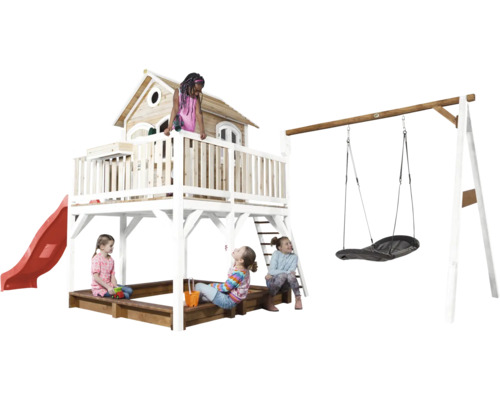 Aire de jeux avec toboggan, balançoire et bac à sable pour enfants