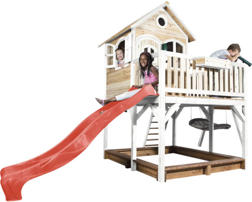 Maison de jeux en bois avec toboggan, bac à sable, balançoire et plateforme d''observation pour enfants