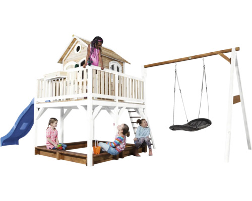 Aire de jeux avec cabane, balançoire et bac à sable pour enfants