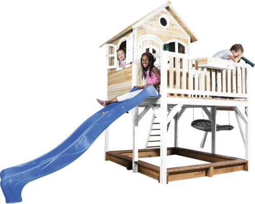 Maisonnette avec toboggan, balançoire et bac à sable pour enfants