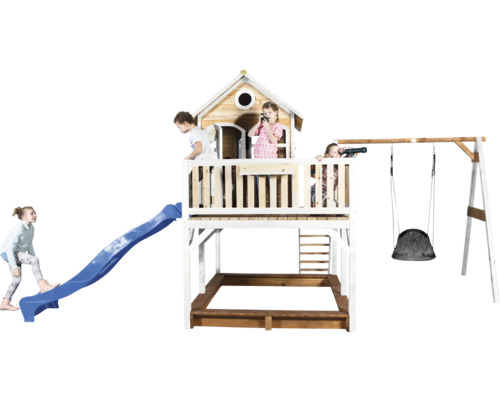 Tour de jeux avec toboggan, balançoire et bac à sable pour enfants dans le jardin