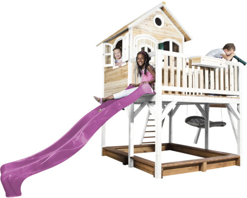 Maisonnette avec toboggan, bac à sable et balançoire pour enfants