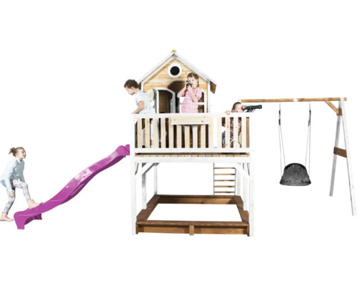 Aire de jeux avec toboggan, balançoire et bac à sable pour enfants