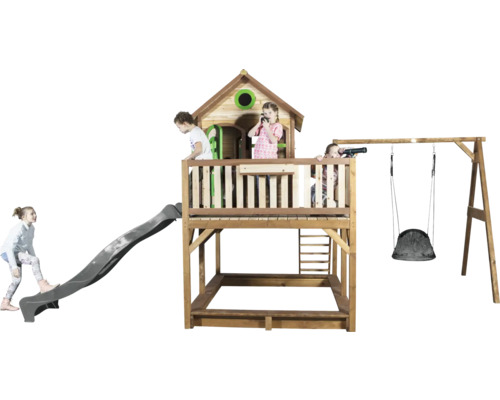 Aire de jeux avec toboggan et balançoire pour enfants dans le jardin