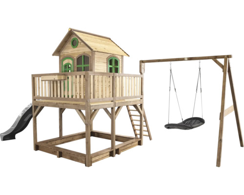 Cabane de jeux sur pilotis axi Liam 613 x 277 cm bois marron avec balançoire, toboggan gris