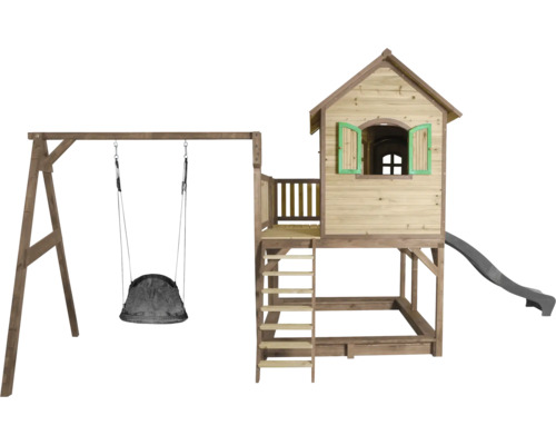 Tour de jeux avec balançoire, toboggan et bac à sable en bois