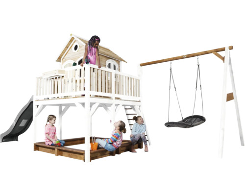 Aire de jeux avec cabane, bac à sable, toboggan et balançoire