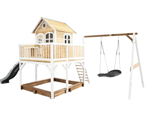 Spielhaus mit Stelzen axi Liam 613 x 277 cm Holz braun inkl. dunkelgraue Rutsche, schwarze Schaukel