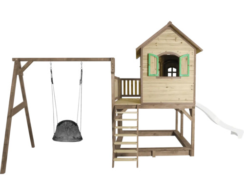 Maisonnette en bois avec balançoire, toboggan et échelle