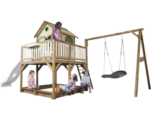 Tour de jeux en bois avec balançoire, toboggan et bac à sable pour enfants