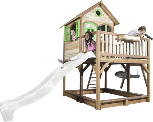 Maisonnette en bois avec toboggan, balançoire et bac à sable pour enfants