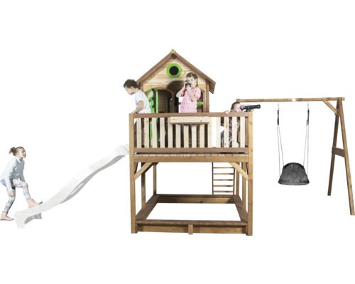 Tour de jeux en bois avec toboggan, balançoire et bac à sable pour enfants