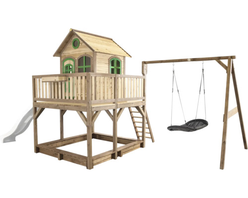 Spielhaus mit Stelzen axi Liam 613 x 277 cm Holz braun inkl. Schaukel weiß