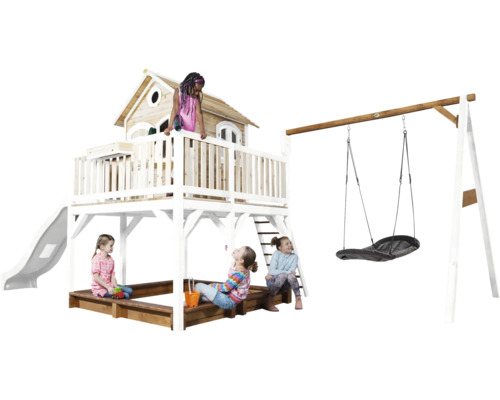 Aire de jeux avec balançoire, toboggan, bac à sable et cabane pour enfants dans le jardin