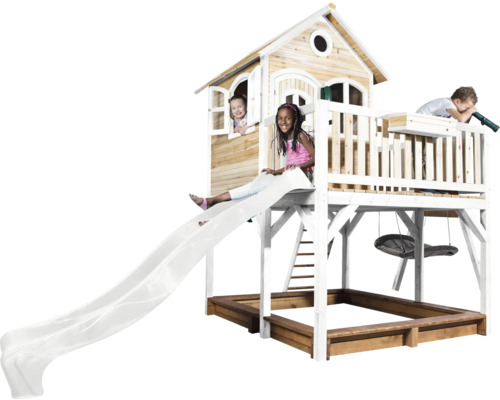 Maisonnette avec toboggan, bac à sable et balançoire pour enfants