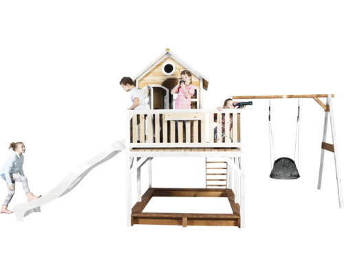 Maisonnette avec toboggan, bac à sable et balançoire pour enfants